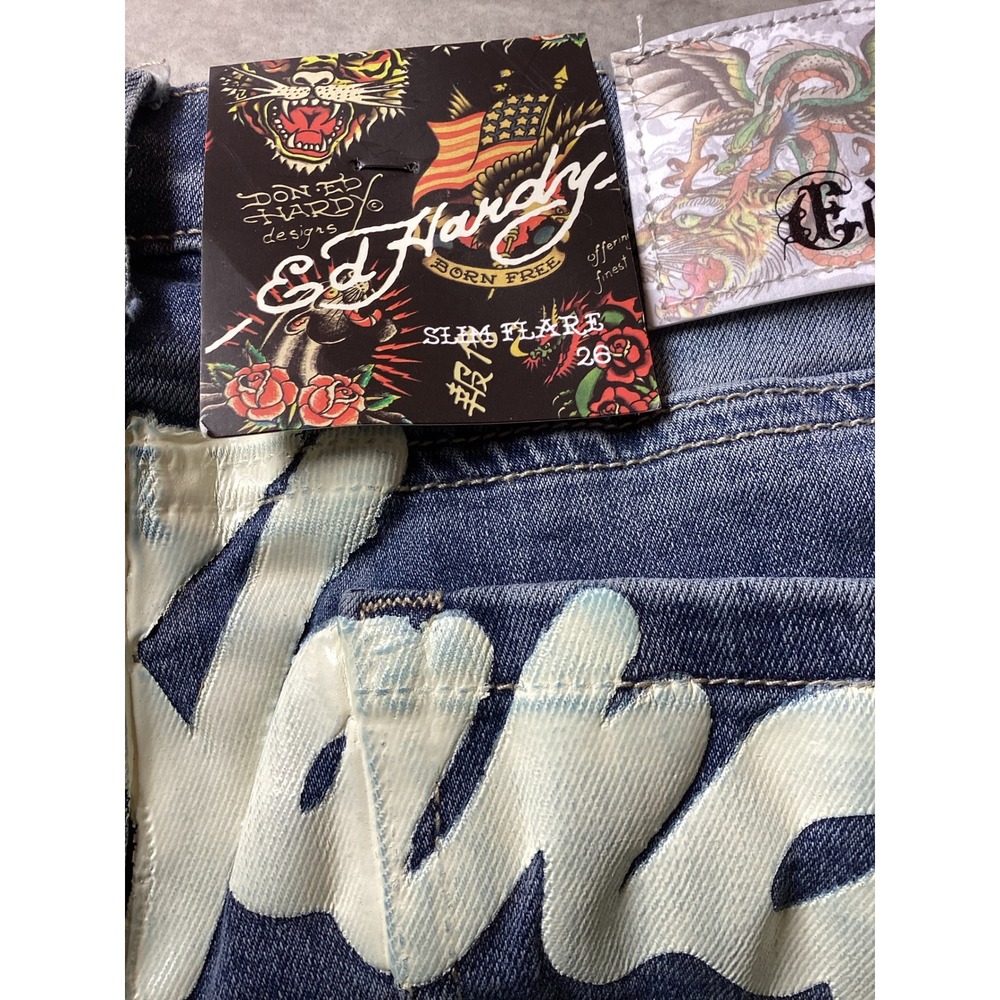 Ed Hardy Slim Flare Jeans Womens 26 Medium Vintage Blue Tattoo Embroidered Logo - Picture 10 of 12